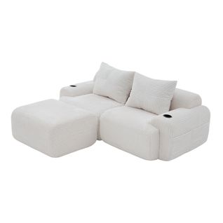 Canapé Modulable 2 Places Avec Pouf, Porte-gobelet Et Poche Latérale, Velours Côtelé Beige