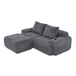 Canapé Modulable 2 Places Avec Pouf, Porte-gobelet Et Poche Latérale, Velours Côtelé Gris Foncé
