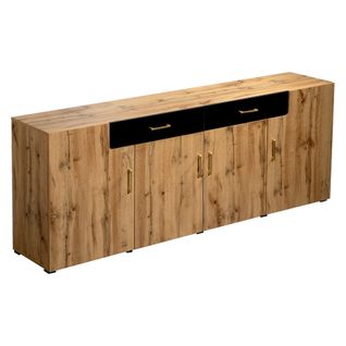 Buffet Bas 208x39.5x80cm, 4 Portes, 2 Tiroirs, Grand Rangement, Panneau De Particules, Brun+noir