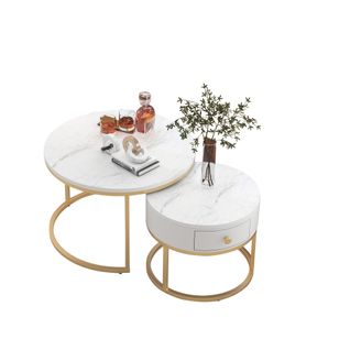 Lot De 2 Table Basse Gigogne 70x70x48+50x50x43.5cm, Empilable, Motif De Marbre En Mdf, Blanc + Doré