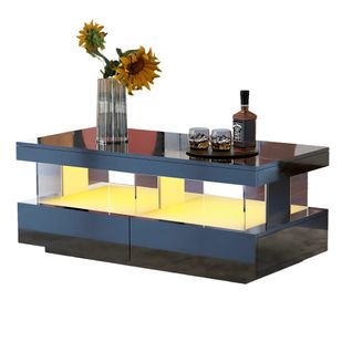 Table Basse 100x60x49,5 Cm, Plateau Brillant, LED, 2 Tiroirs, Panneau De Particules, Noir