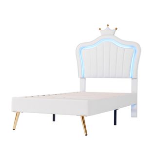 Lit 90x200cm, Lit Simple, Lit Enfant, Tête De Lit, Cadre De Lit, Sommier, LED, Simili-cuir, Blanc