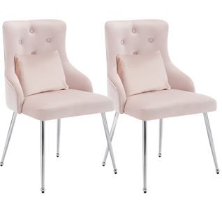 Lot De 2 Chaises 58.5x54.5x87.5 Cm, Dossier Doux à Boutons, Ressorts En S, Pieds Métal, Velours Rose