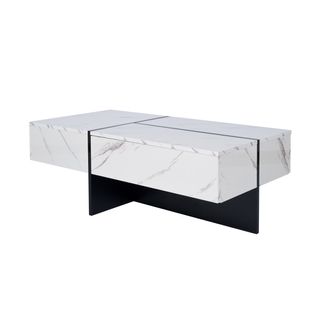 Table Basse Moderne 100x50x34,5 Cm Avec Motif Marbre, LED, 3 Tiroirs, Panneaux De Particules, Blanc
