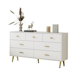 Commode 140x35x76 Cm, 7 Tiroirs, Poignées Et Pieds Dorés, Panneaux De Particules, Mdf, Blanc
