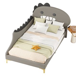 Lit Enfant 90x200 Cm, Tête Dinosaure Cartoon, Design Ludique, Revêtement Pu Et Mdf, Gris+doré