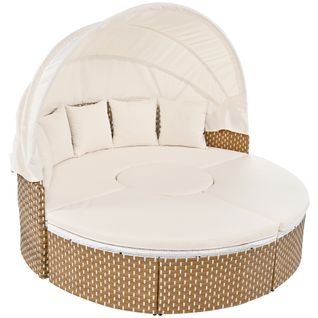 Bain De Soleil Ronde 170 Cm, Table Relevable, Coussins, Polyrattan Et Acier, Beige+bois