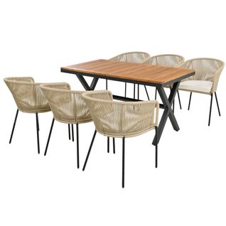 Ensemble Table Et 6 Chaise De Jardin 7 Pièces, Corde Tressée, Fer, Bois, Beige+noir+bois