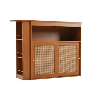 Table De Bar Extensible 138-193x39x104 Cm, 2 Portes Coulissantes En Rotin, 4 Niches, Mdf, Brun