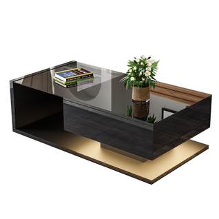 Table Basse Moderne 105x55x32,5 Cm, Verre Trempé, LED, Rangement, Panneaux De Particules, Noir
