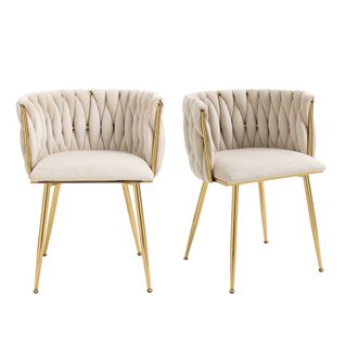 Lot De 2 Chaise 55.5x50x74 Cm, Dossier Tressé En Forme De Port, Velours, Couleur Ivoire+doré