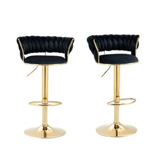 Lot De 2 Tabourets De Bar 54x46x78,5-97 Cm, Hauteur Réglable Un Clic, Velours, Métal, Noir+doré