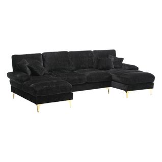 Canapé En U 272x136x88 Cm, Design Ergonomique, Tissu Chenille, Pieds Métalliques Dorés, Noir+doré