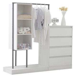 Armoire 140x40x135 Cm, 4 Tiroirs, 3 Étagères Avec Tringle, Pb, Métal, Couleur Blanc Et Noir