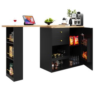 Table De Bar 138x39x104cm, Étagère Pivotante 360 Degrés, 2 Tiroirs, 5 Niches, Porte, Mdf, Noir+bois