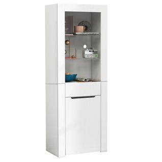 Vitrine 60x35,5x165 Cm, LED, 1 Tiroir, Étagères, Panneau De Particules, Verre, Blanc Brillant