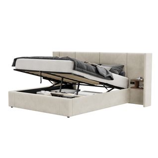 Lit Coffre 160x200 Cm, Prises Et Ports USB, Rangement Caché, 2 Chevet, Bois, Velours, Beige