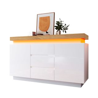 Buffet 140x81x39 Cm, Éclairage LED, Étagères Réglables, 3 Tiroirs, 2 Porttes, Pb, Mdf, Blanc+bois