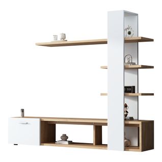 Meuble TV 180x33.5x151.5 Cm, Pour TV Jusqu'à 60 Pouces, Porte Et Étagères, Pb, Blanc+bois