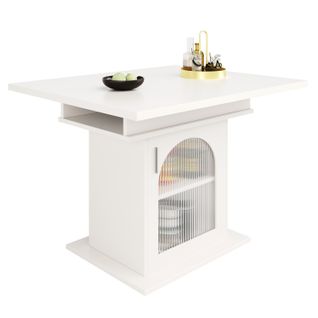 Table Extensible 140x80x76 Cm, 1 Porte+rangement Ouvert, Mdf Et Verre, Couleur Blanche