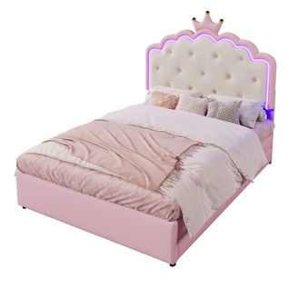 Lit Gigogne 140x200 Cm, Lit 2 En 1, LED Réglable, 2 Tiroirs Spacieux, Tête De Lit, Pu Et Mdf, Rose