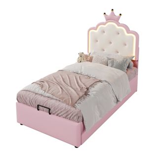 Lit Coffre Enfant 90x200 Cm Avec LED Télécommandé Et Rangement, Lit Simple Moderne, Pu Rose