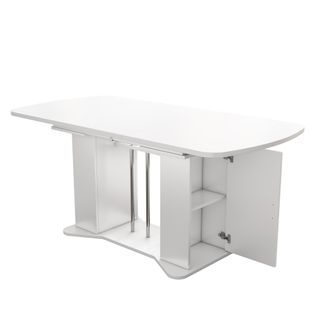 Table Extensible 120/160x80x75 Cm, Rallonge, 2 Portes, Mdf, Blanc, Pieds Métalliques Argentés
