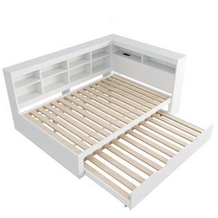 Lit Gigogne Double 140x200+90x190 Cm, 2 En 1, Prise USB, 10 Niches, Bois, Mdf, Blanc