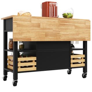 Desserte, Îlot De Cuisine 120x45/73x90 Cm, Plateau Rabattable, Mdf Imitation Bois, Noir Et Bois