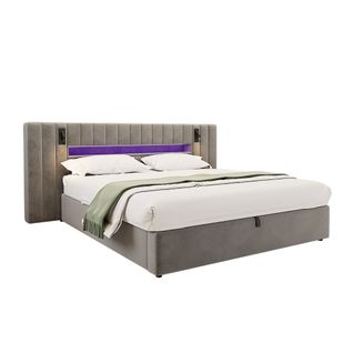 Lit Coffre Double 180x200 Cm, Rangement Sous Le Lit, Lampe De Chevet, Ports USB, LED, Velours Gris