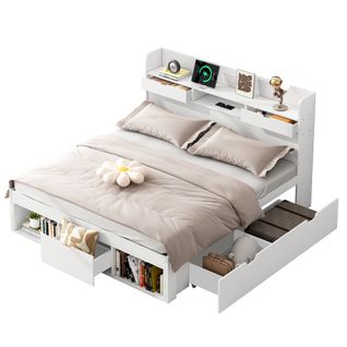 Lit Double 140x190 Cm, USB Et Prise Type C, 5 Tiroirs, 2 Niches Ouverts, Bois De Pin, Blanc