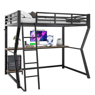 Lit Mezzanine 90x200 Cm, Éclairage LED, Bureau, Prise Et USB, Étagère, Métal Et Mdf, Couleur Noir