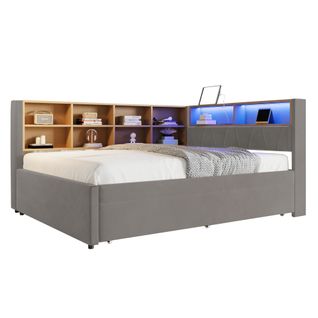 Canapé-lit Double 140x200 Cm, Lit Gigogne 90x190 Cm, LED, Port USB, 10 Niches, Flanelle Gris Foncé
