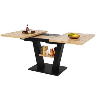 Table Extensible 118-157x70x75 Cm, Plateau Avec Motif De Marbre En Mdf, Pieds En Métal, Noir+bois