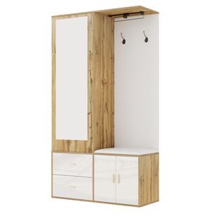 Meuble D'entrée 100x38x180 Cm, Miroir Et Banc Avec Rangement, Panneau De Particules, Blanc+bois