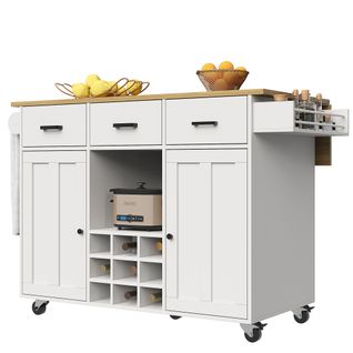 Îlot De Cuisine 124x40/65x91.5 Cm, Plateau Rabattable 65 Cm, 3 Tiroirs Et Étagères, Mdf, Blanc+bois