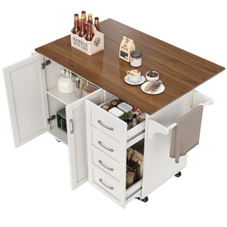 Îlot De Cuisine 128x46/71x93cm, Plateau Pliable 71 Cm, Rangement Et Porte Serviette, Mdf, Blanc+brun