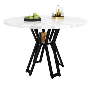 Table Ronde 100x100x76 Cm, Motif De Marbre En Mdf, Pieds En Métal Réglables, Étagère, Blanc+noir