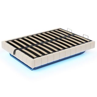 Lit Coffre Double 140x200 Cm, Lit Adulte Flottante, Rangement, LED, Sans Tête De Lit, Lin Beige