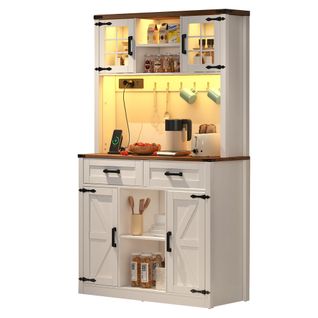 Buffet De Cuisine 100x40x172 Cm, LED Multicolore Et Prises Intégrées, Mdf, Couleur Blanc+brun