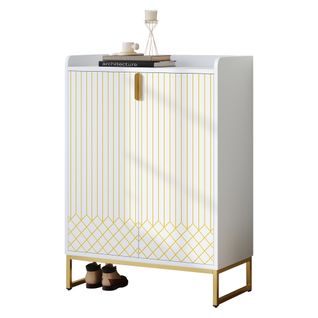 Meuble à Chaussures 75x37x105 Cm, 2 Portes à Contours Dorés Et Pieds Métal, Mdf, Blanc Mat, Doré