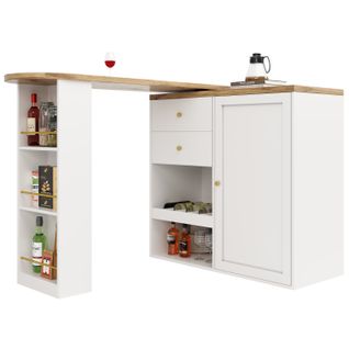 Table De Bar 138/204x39x104cm, Module Pivotant 360 Degrés Avec Étagères, 2 Tiroirs, Mdf, Blanc+bois