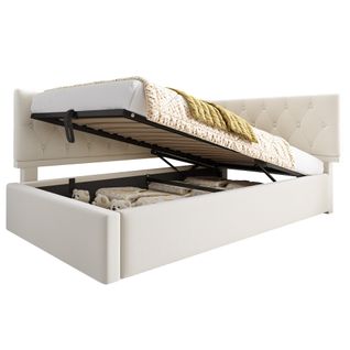 Lit Coffre 90x200 Cm, Tête Modulable Gauche Ou Droite, Rangement Caché, Velours, Couleur Beige