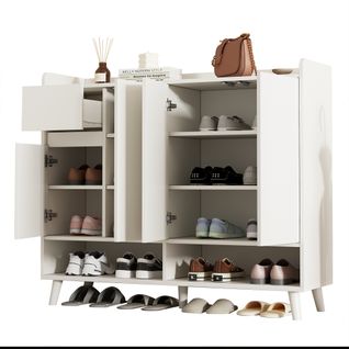 Meuble à Chaussures 120x35x99 Cm, 4 Portes, 1 Tiroir Avec Étagère Réglable, 2 Niches, Pb, Blanc