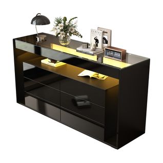 Buffet 140x40x72 Cm, 6 Tiroirs, Éclairage LED, Plateau En Verre Trempé, Panneau De Particules, Noir