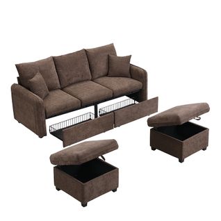 Canapé Modulable 3 Places 188x186x86cm, 2 Tiroirs, 2 Pouf De Rangement, Tissu Chenille, Brun