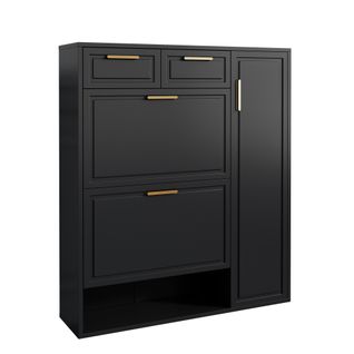 Meuble à Chaussures 95x24x107.5 Cm, Étagères Réglables Et Tiroirs, Mdf, Noir