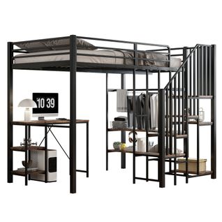 Lit Mezzanine Moderne 120x200 Cm Avec Bureau Et Rangement, Lit Enfant, Métal Et Mdf, Couleur Noire