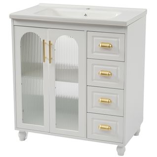 Meuble De Rangement Salle De Bain 80x47x90 Cm, Vasque En Céramique, 3 Portes, 3 Tiroirs, Mdf, Blanc