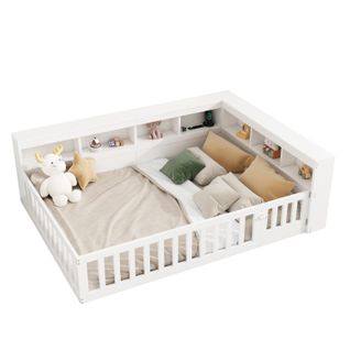 Lit Enfant 140x190 Cm, Rangement Latéral, Prise USB Et Barrière Extensible, Panneaux En Bois, Blanc